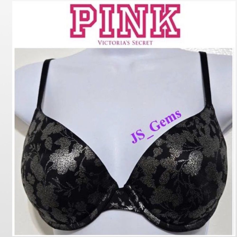 Victorias Secret Pink Bra 34C Black Silver Metallic Floral Push Up Convertible
